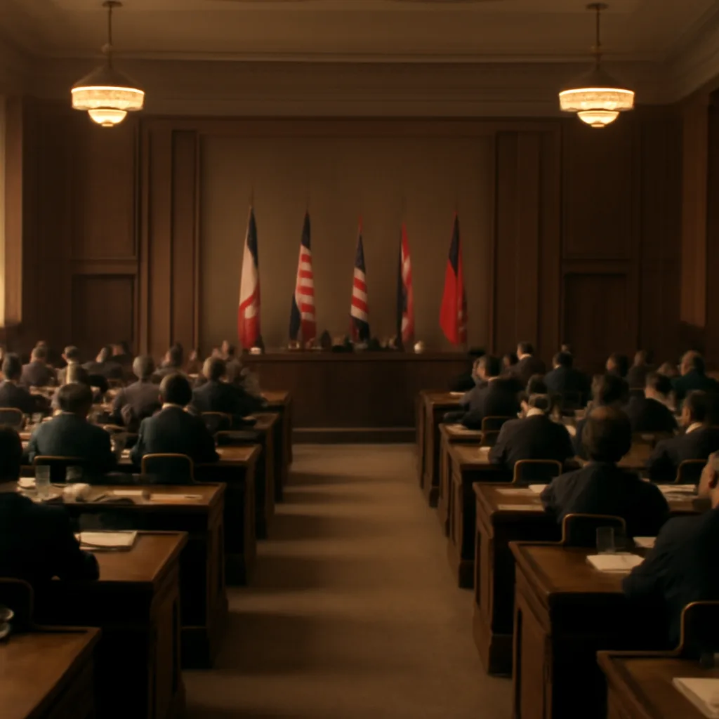 Delegates and delegates' desks in a mid-20th-century assembly hall with papers and flags, representing the 1948 UN General Assembly session adopting the Universal Declaration of Human Rights.