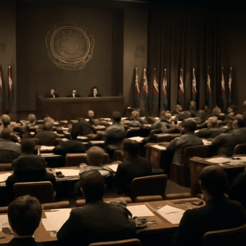 Delegates in the United Nations General Assembly chamber in 1947, with assembly seating and a raised platform; scene shows mid-20th-century suits and dresses and a formal diplomatic setting.