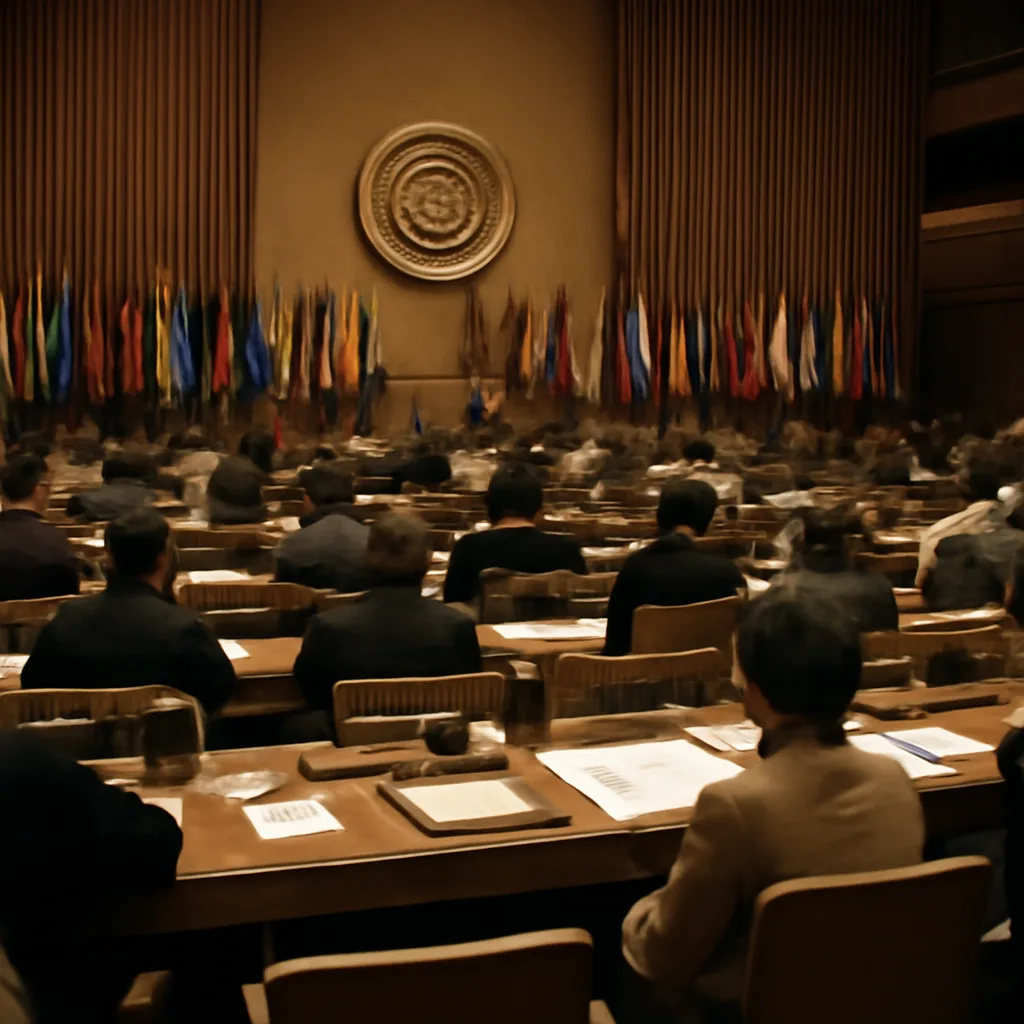 Delegates at a United Nations General Assembly session in the early 1970s, with desks and placards showing country names, capturing a moment of international debate over apartheid policies.