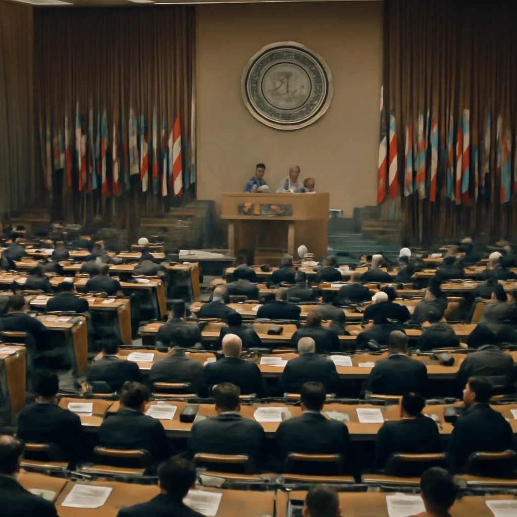 Delegates and flags in the General Assembly hall at UN Headquarters, New York, during a 1960 session; rows of seated delegates, delegate desks, and national flags visible.