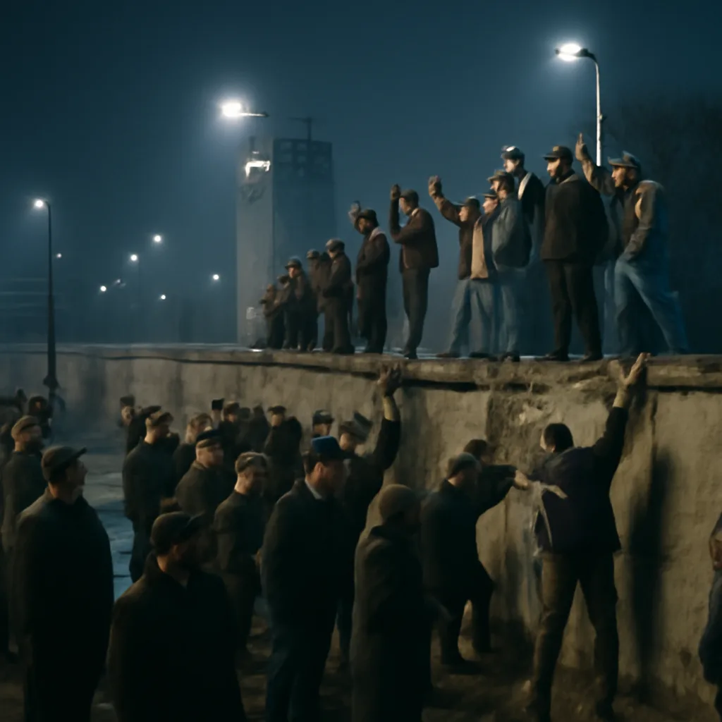 Crowds gathered at a Berlin Wall crossing at night on 9 November 1989, with people on and near the concrete barrier celebrating and some removing pieces.