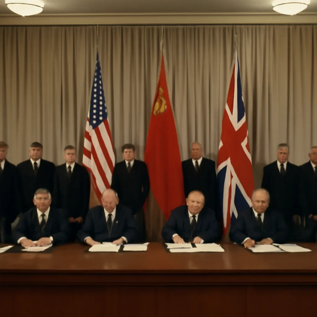 Diplomats at a 1963 signing ceremony in Moscow, with flags and officials seated at a table, capturing a formal Cold War-era treaty signing scene.