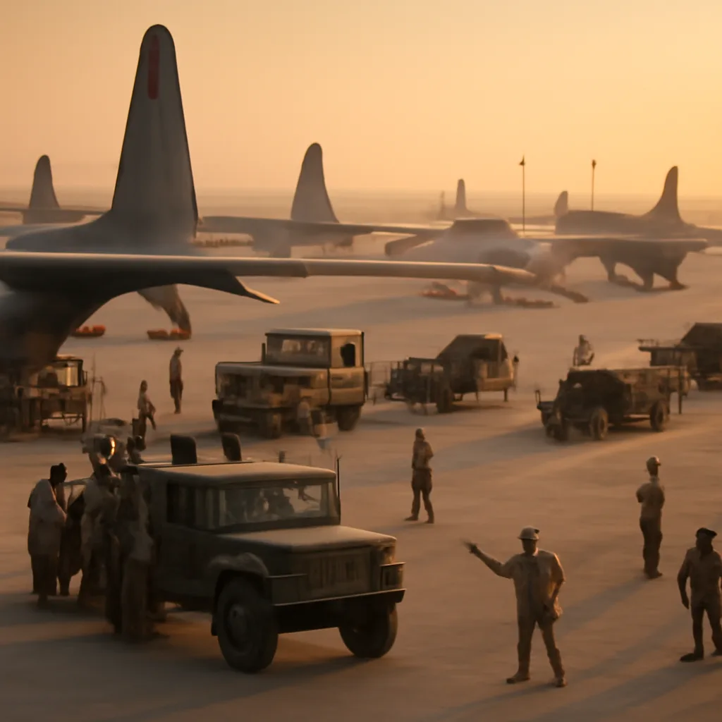 U.S. military vehicles and personnel departing an airfield in Iraq in 2011, with Iraqi flags and airport infrastructure visible in the background.