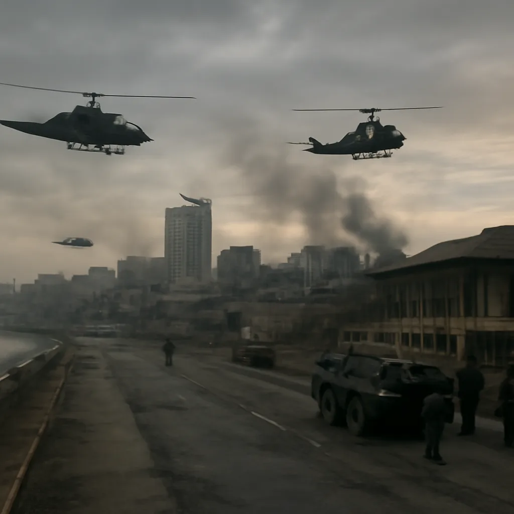 U.S. military helicopters and vehicles near Panama City skyline with damaged urban areas visible, December 1989