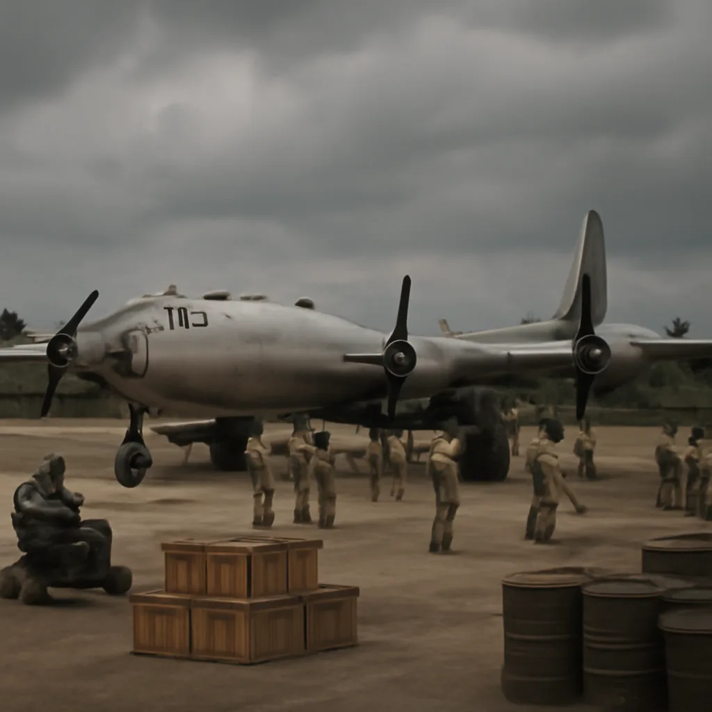 B-29 Superfortress bomber on a wartime airfield with ground crew and support vehicles, 1945 Pacific theater setting, overcast sky.