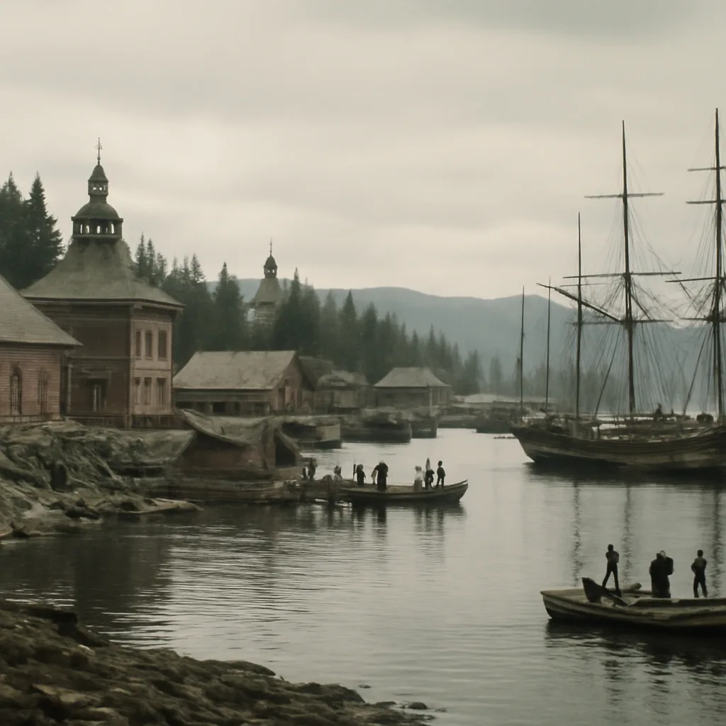 Wide view of 19th-century Sitka harbor with Russian colonial buildings, sailing vessels at anchor, and snow-dusted forested shoreline under a gray sky, circa 1860s.