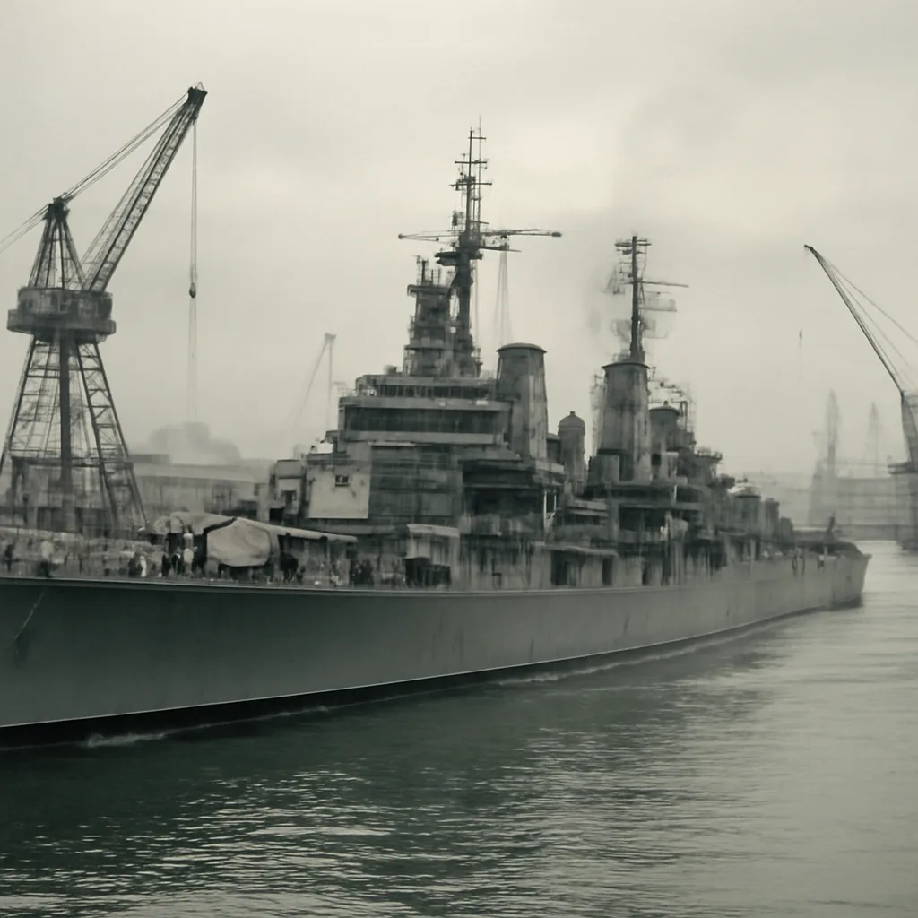 The heavy cruiser USS Indianapolis (CA-35) underway off a World War II-era U.S. naval shipyard in 1945, showing her profile, superstructure and gun turrets; sailors visible on deck in period uniforms.