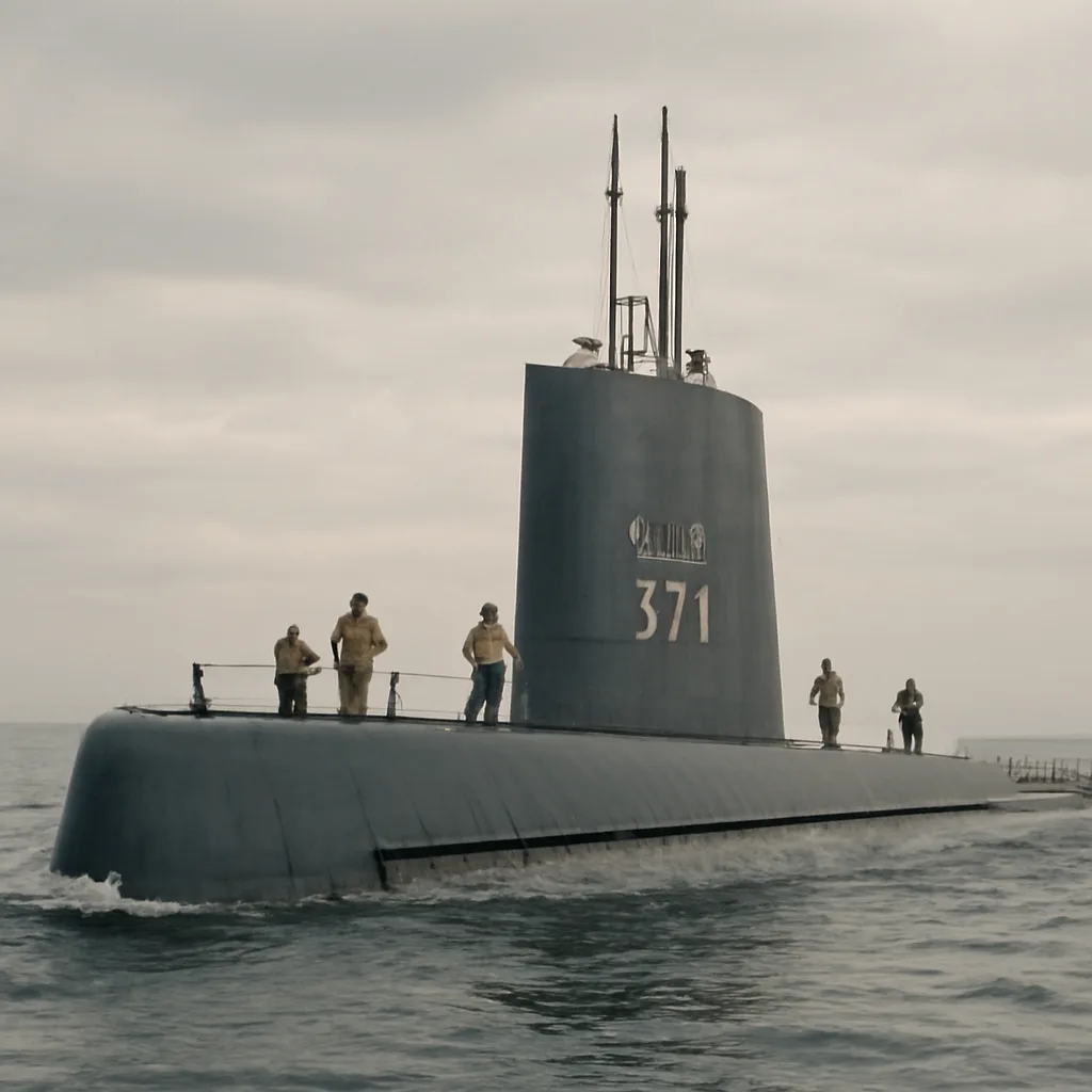 USS Nautilus (SSN-571) surfaced at sea during the 1950s, showing its conning tower and deck with sailors aboard; background open ocean and overcast sky.