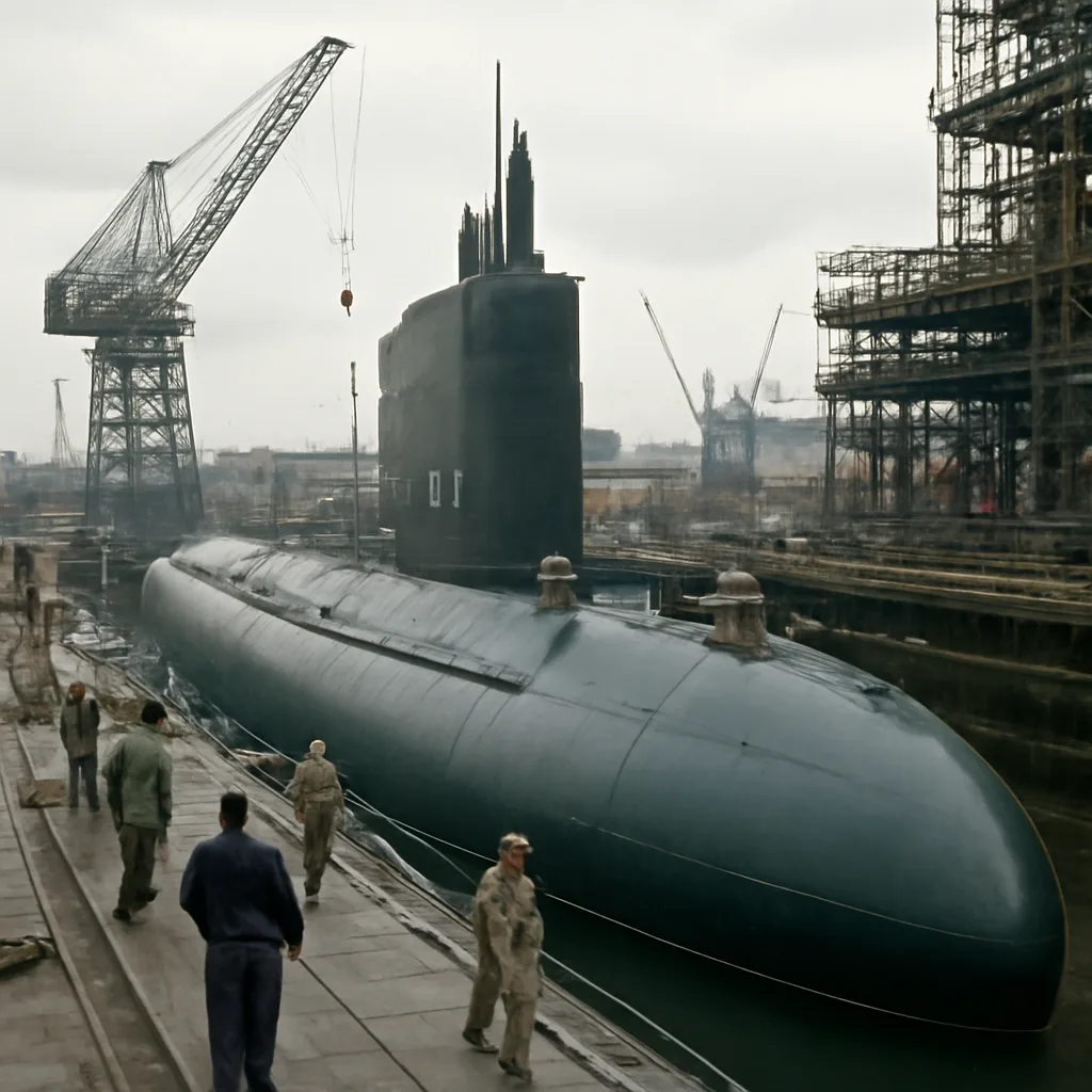 The submarine USS Nautilus (SSN-571) in dry dock or moored, hull visible with deck structures; mid-20th-century naval shipyard setting and equipment.