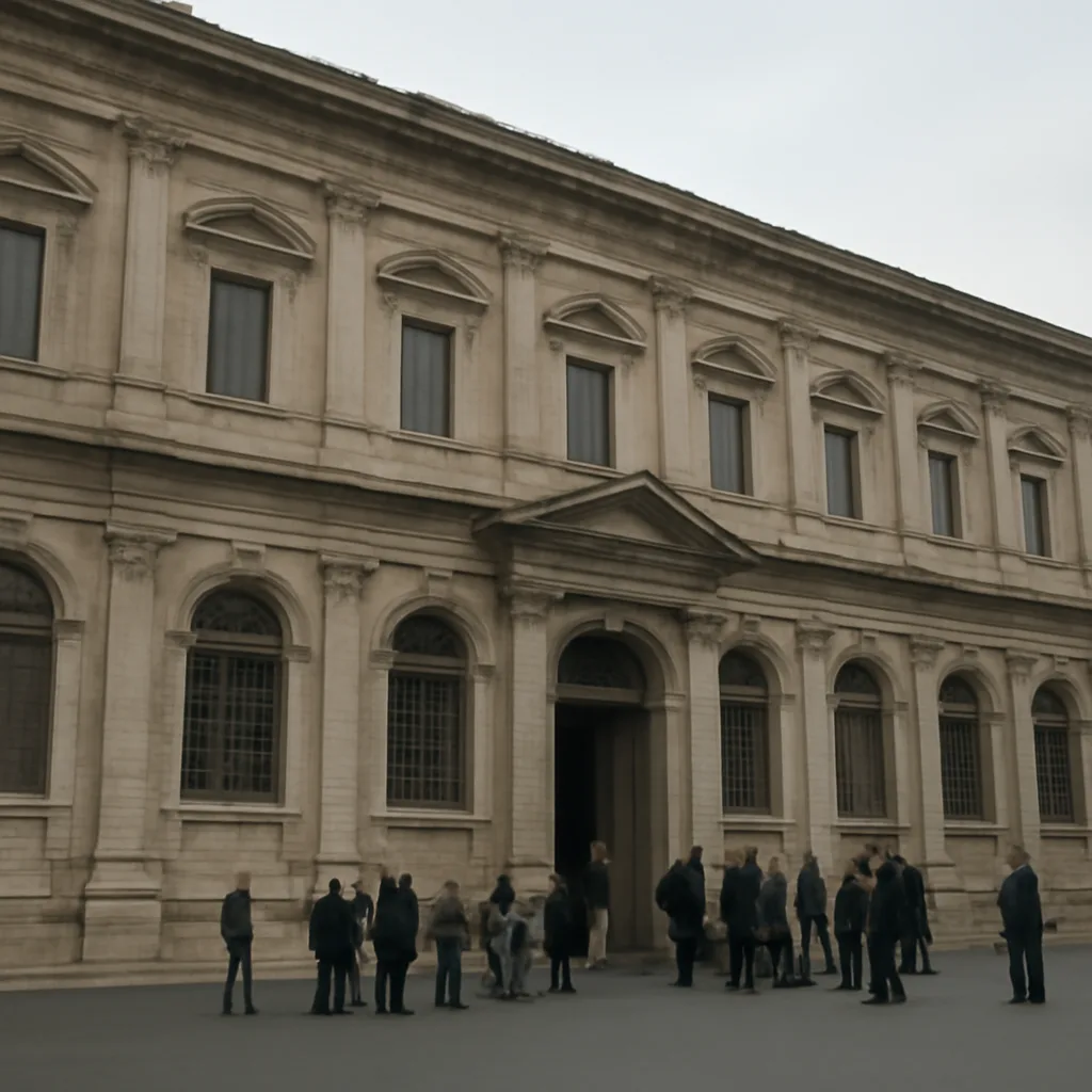 Exterior view of the Apostolic Archive building in Vatican City with classical architecture and visitors near the entrance.