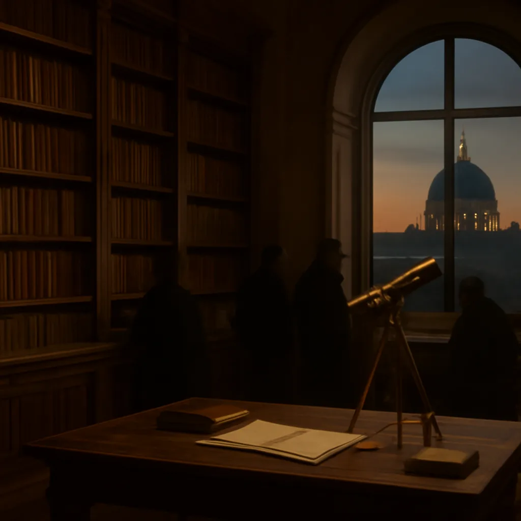 Interior of a Vatican library or study with bookshelves, scientific instruments (historic telescope), and ecclesiastical furnishings under soft light, suggesting scholarly discussion of science and theology.