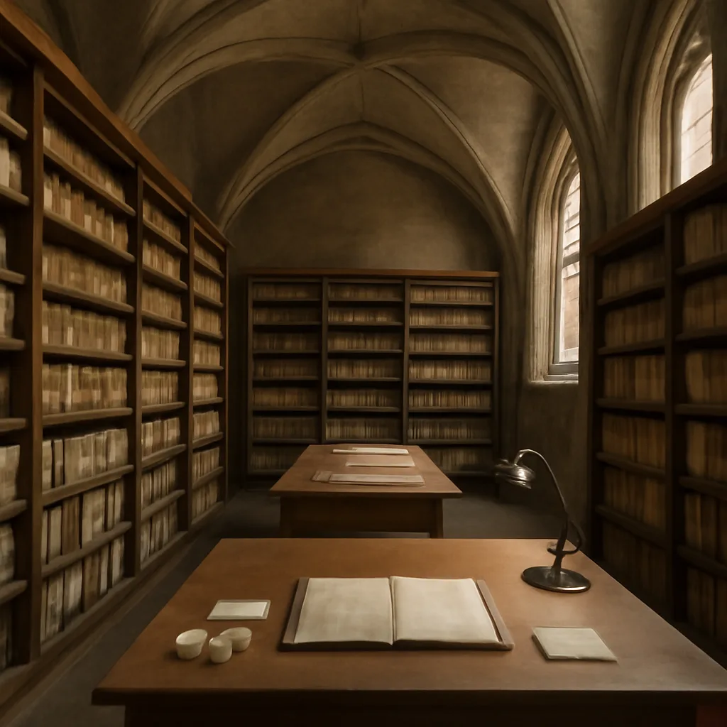 A wide interior view of a historic stone archive room with wooden shelving holding labeled bundles and parchment boxes, soft natural light from high windows, and a long wooden table with conservation tools and gloves.