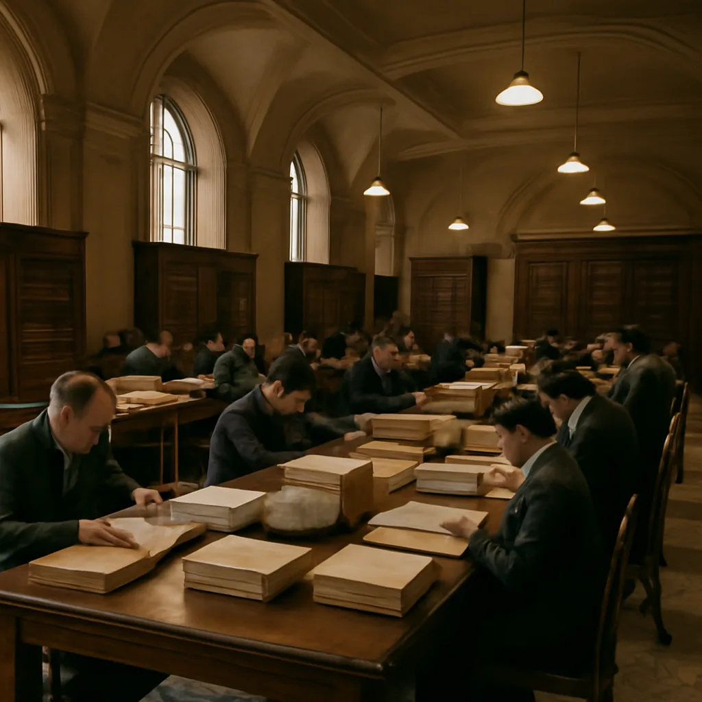 Archivists’ reading room at the Vatican Archives with rows of wooden tables, stacks of bound archival boxes and open documents under soft light, evoking a mid-20th-century records repository.