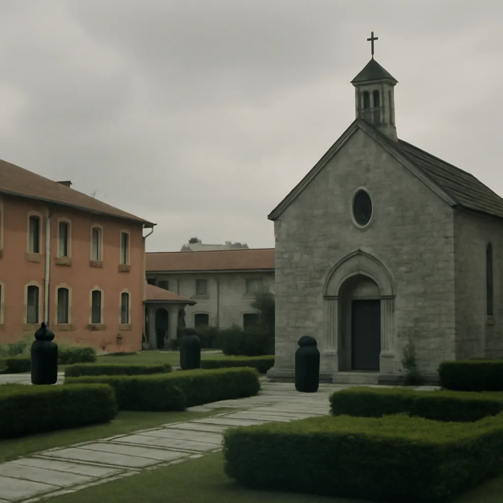 Exterior of the Écône seminary chapel in Switzerland where the June 30, 1988 consecrations took place; modest 20th-century ecclesiastical buildings and a subdued courtyard.