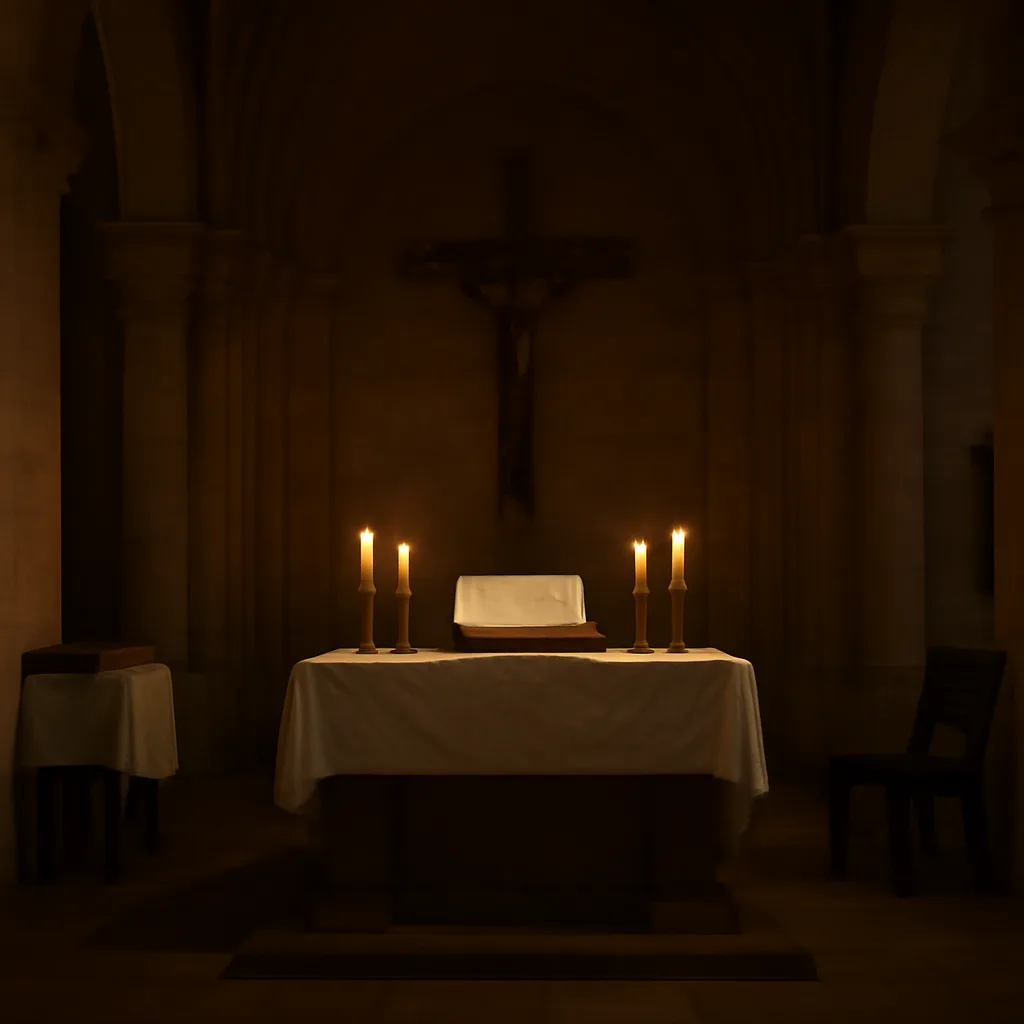 Interior of a Roman Catholic church sanctuary with an altar, liturgical books and a simple crucifix, conveying a solemn liturgical setting appropriate to rites such as exorcism.