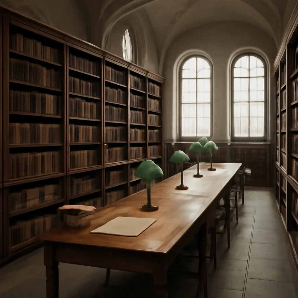 An interior view of a historical archive room with wooden shelving, bound manuscript volumes and boxes labeled in Italian, and a long table with lamps for reading.