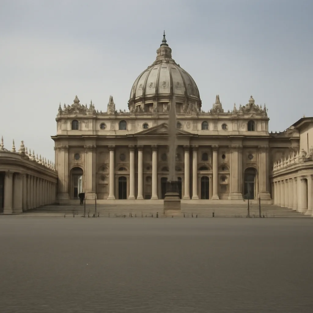 A wide view of St. Peter's Basilica and St. Peter's Square in the Vatican, showing the basilica façade and colonnades on a clear day, conveying a solemn institutional setting.