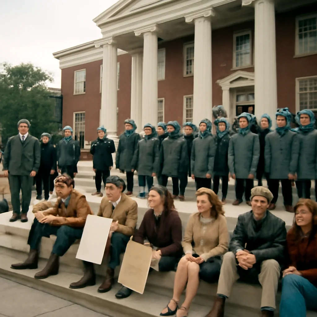 1967 college campus protest: students occupying a university building entrance while police in helmets and shields prepare to clear the area