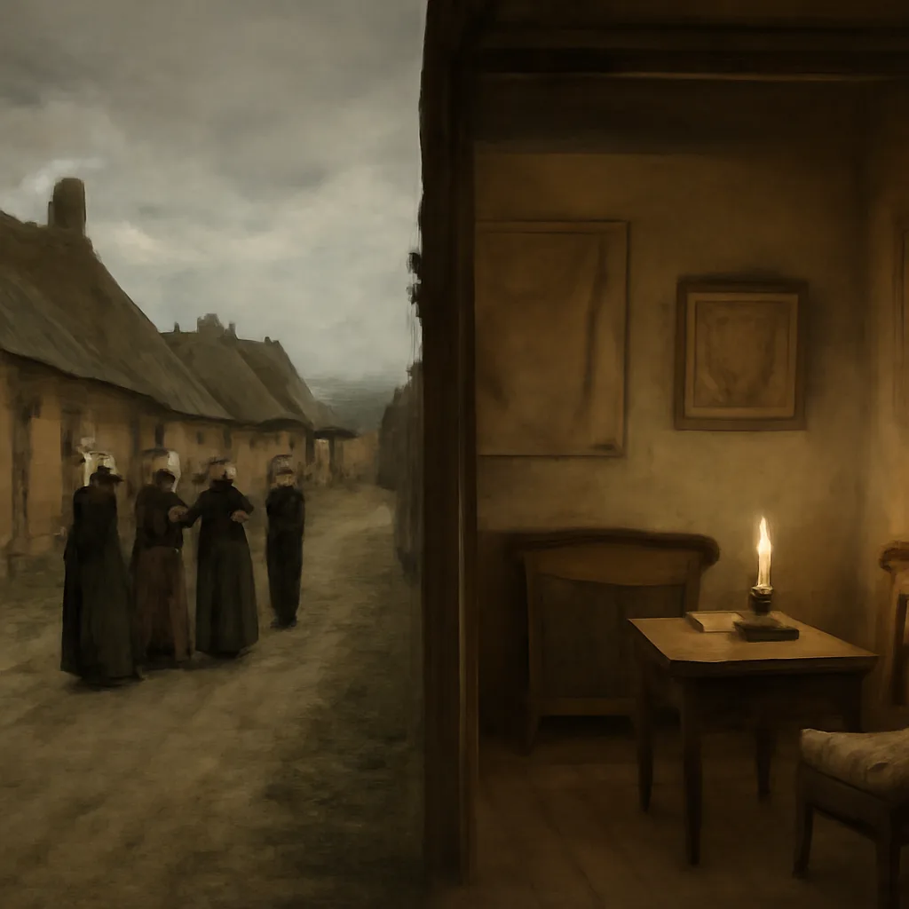 Late 19th-century village street and interior scene with covered mirrors and townspeople gathered; wooden houses, dirt road, period clothing (c. 1890s), somber atmosphere.