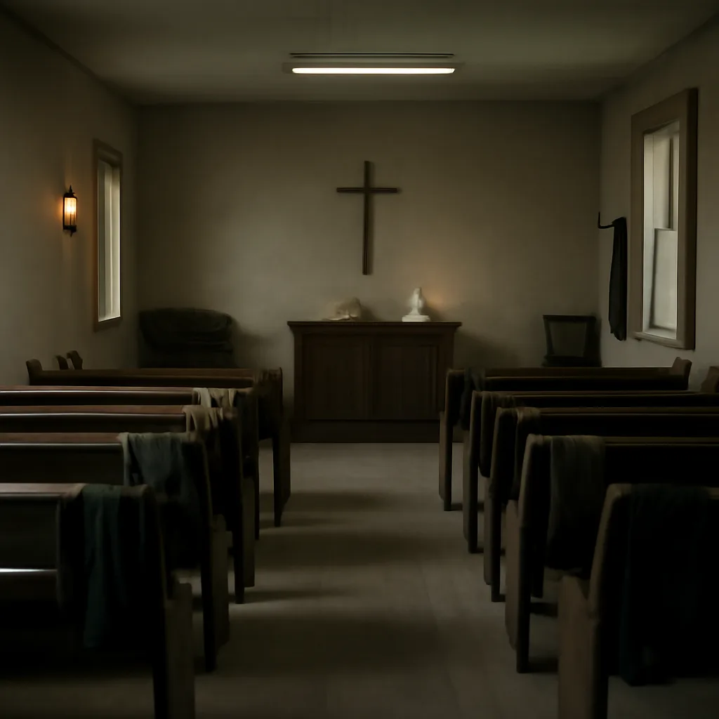 Interior of a small rural church with pews and an altar, empty of identifiable faces, showing empty prayer books and folded hymnals.
