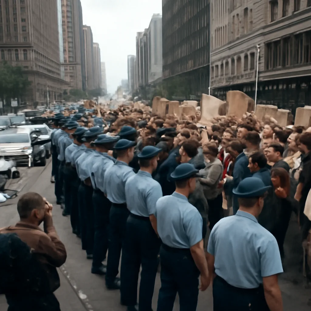 Crowded city street near a convention hotel in Chicago, 1968: lines of uniformed police facing demonstrators, some people on the ground, police batons visible, nearby police vehicles and press photographers.