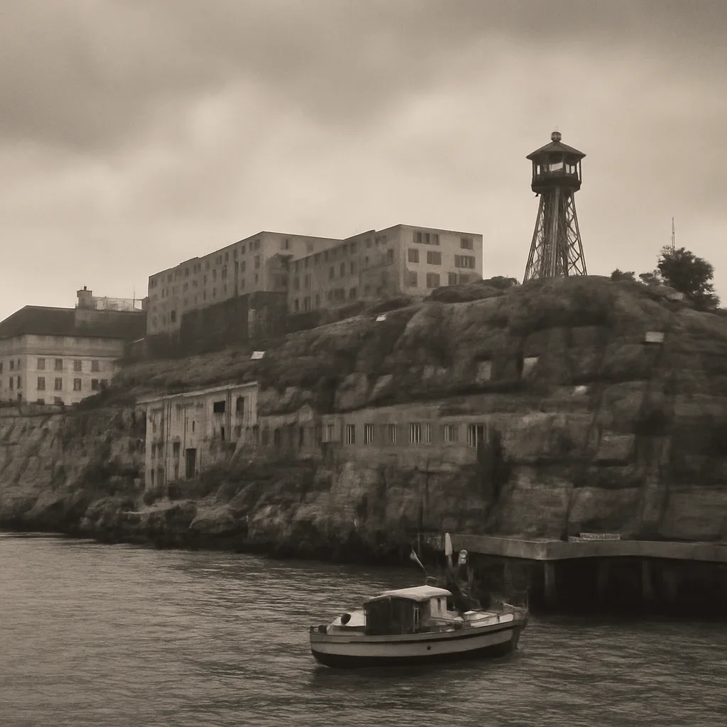 View of Alcatraz Island prison buildings and cellblocks on a gray day, with barbed wire fences and guard towers visible; no identifiable faces.