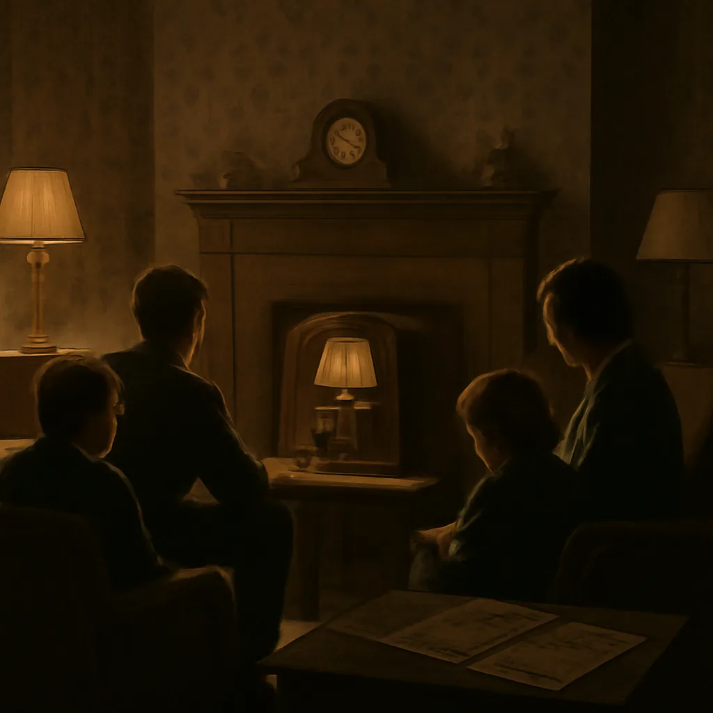 1930s living room with a family listening anxiously to a tabletop radio during an evening broadcast; period furnishings and clothing visible, no identifiable faces.