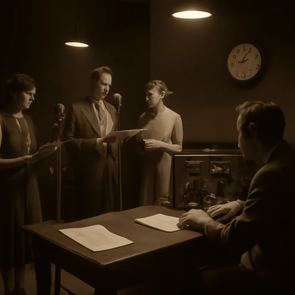 1930s radio studio with a director, actors at microphones, paper scripts and large vacuum-tube equipment; a dimly lit control room and a studio clock showing late evening.
