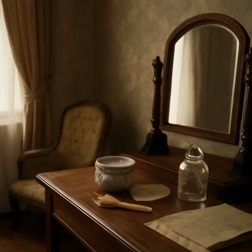 A 19th-century parlor table with open powder box, brushes, and a glass bottle labeled generically 'cosmetic', set beside newspapers and medical pamphlets—clean, period-appropriate objects on a wooden table.