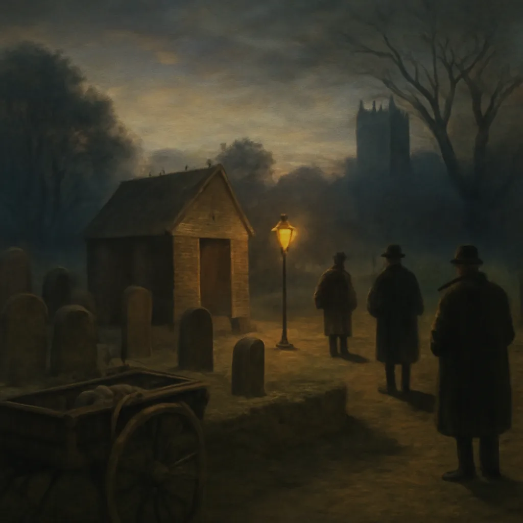 A 19th-century churchyard at dusk with a modest mortuary shed and a tow-lined cart, overseen by pallid lamplight; men in period coats stand at a respectful distance, suggesting unease about burial security.