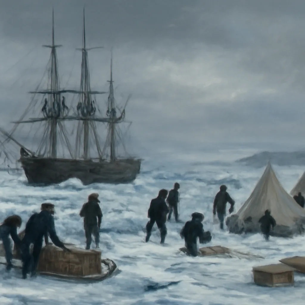 Two 19th-century wooden warships trapped in sea ice near a low Arctic island coast, with small groups of sailors in period clothing tending to sledges and camps on the ice under a grey sky.