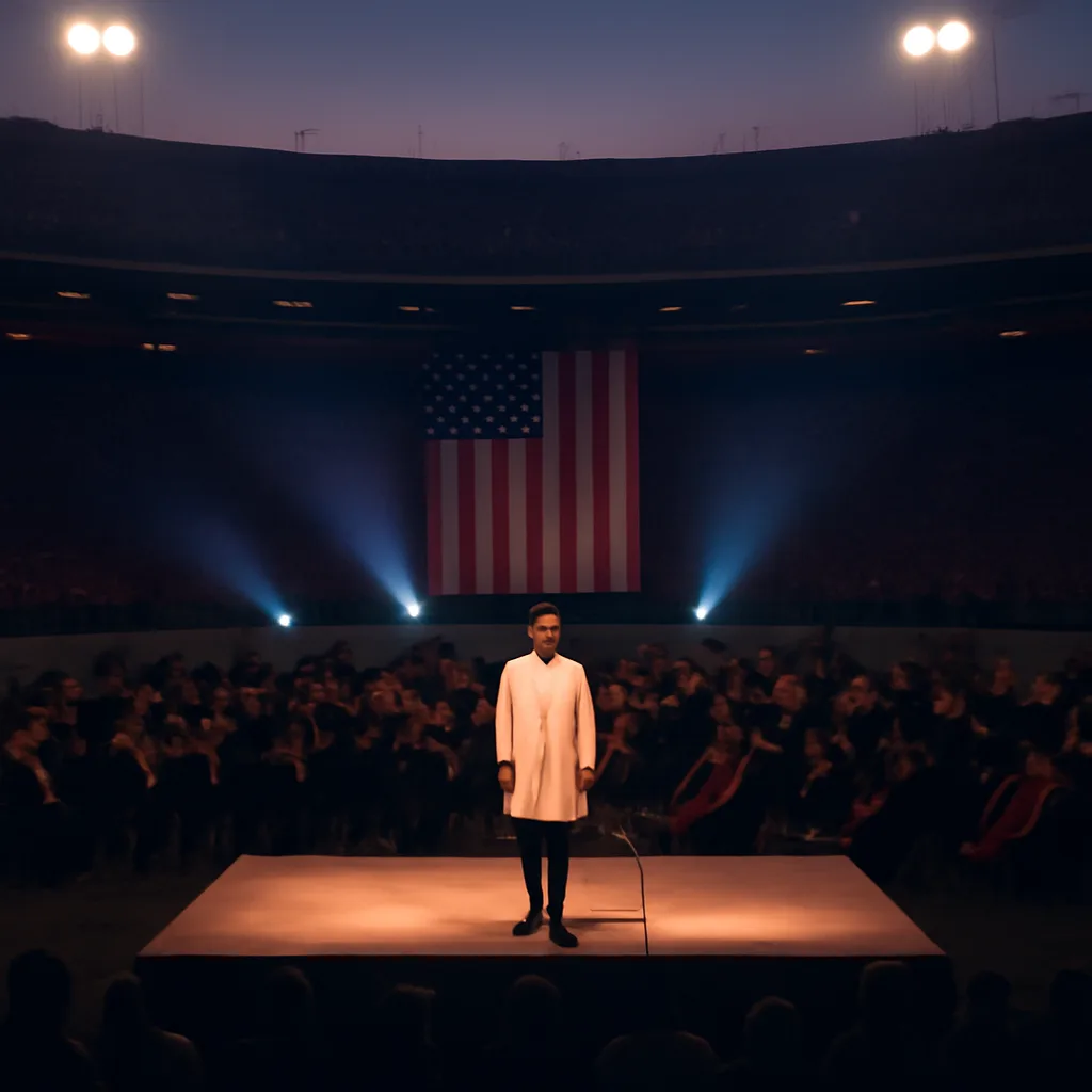 Whitney Houston performing the U.S. National Anthem onstage at Super Bowl XXV in a large stadium setting, with an orchestra and audience in the background.