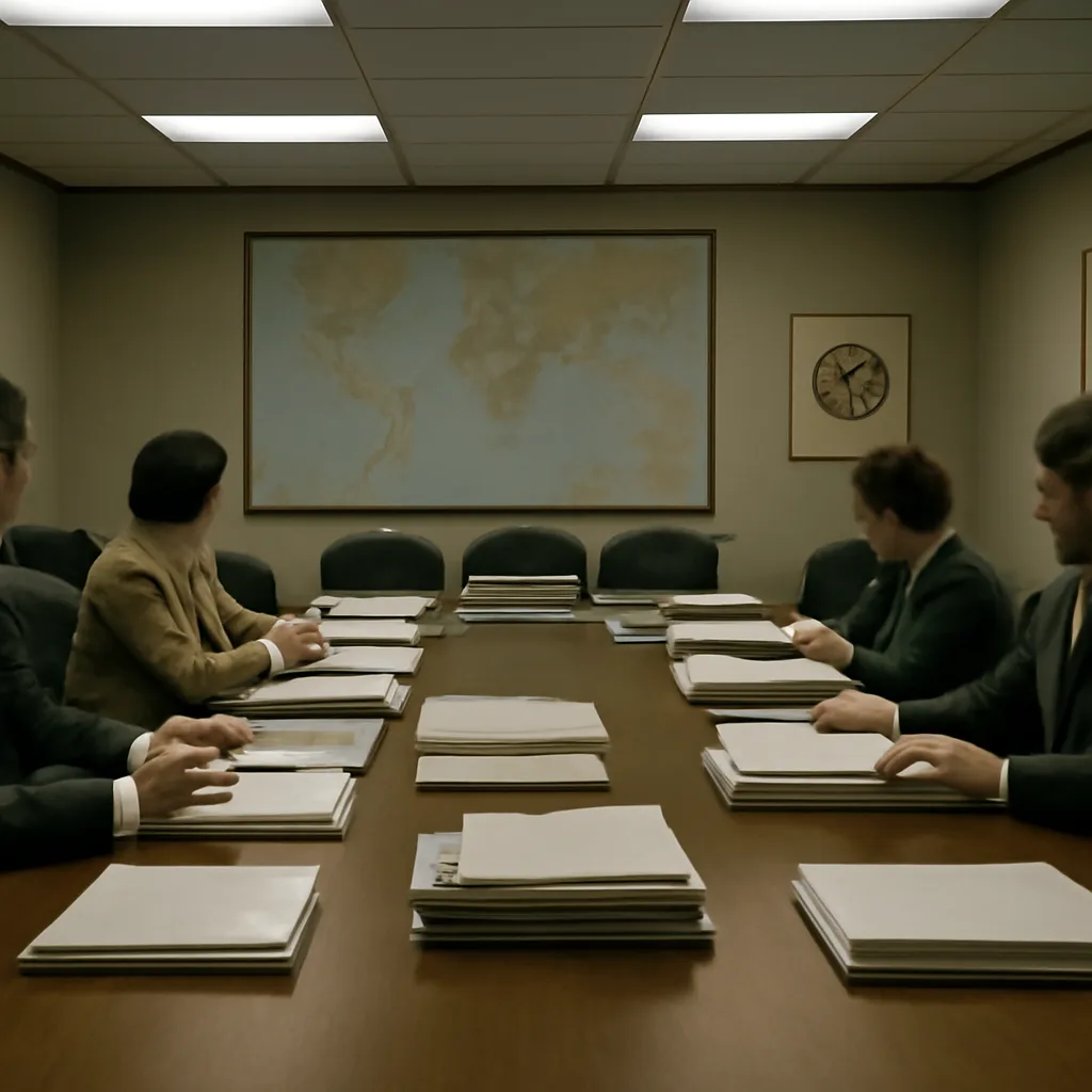 International public-health meeting room in the 1980s with officials around a long table and WHO emblem visible on a document, papers and binders on the table, formal attire typical of the era.