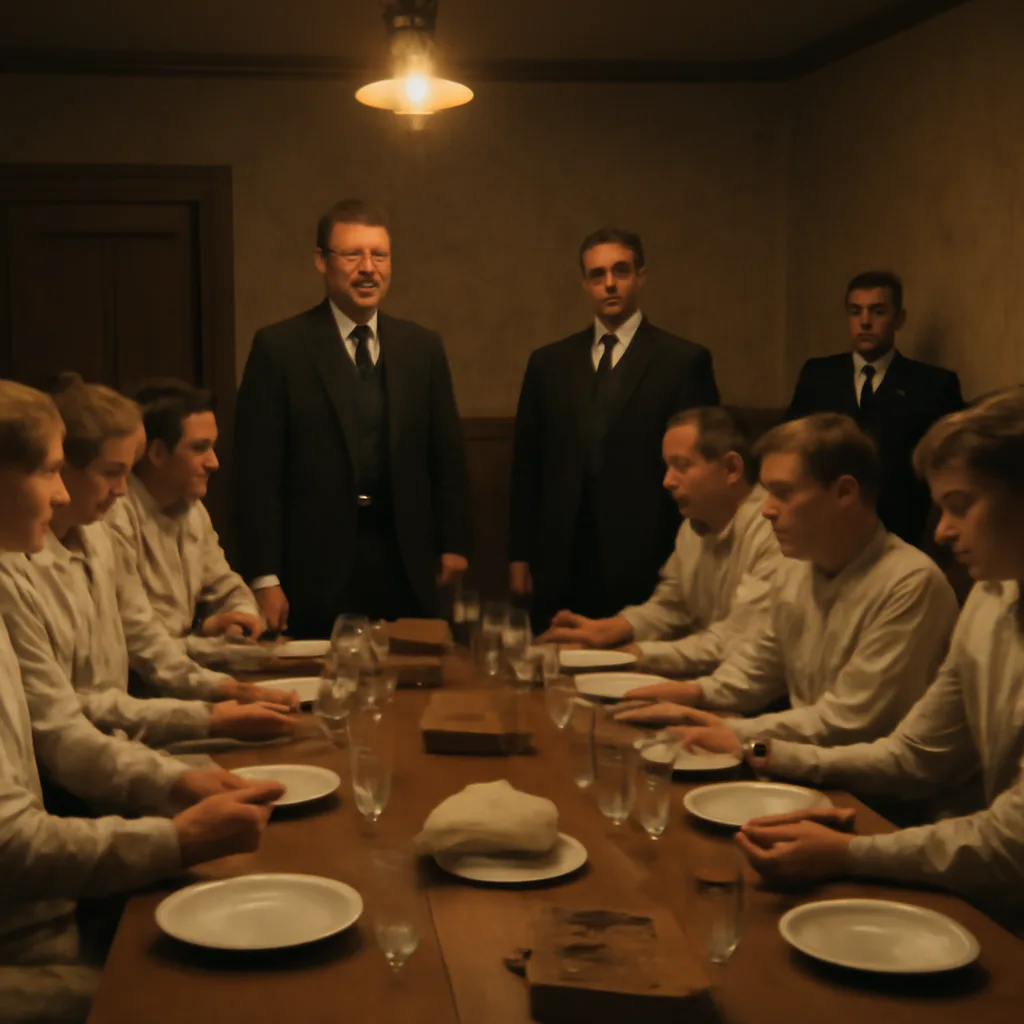 Early 20th-century baseball team gathered at a hotel dining room, with pitchers and players seated at long table; period clothing and wooden chairs visible, no identifiable faces.