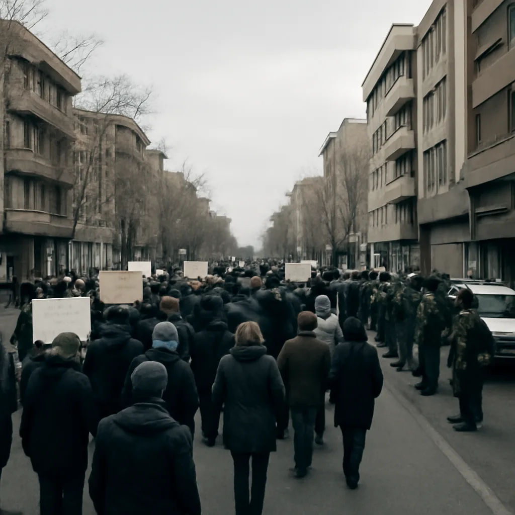 Crowd of protesters marching on an urban street in Iran holding placards and banners; visible police and security forces on the periphery, winter clothing, daytime.