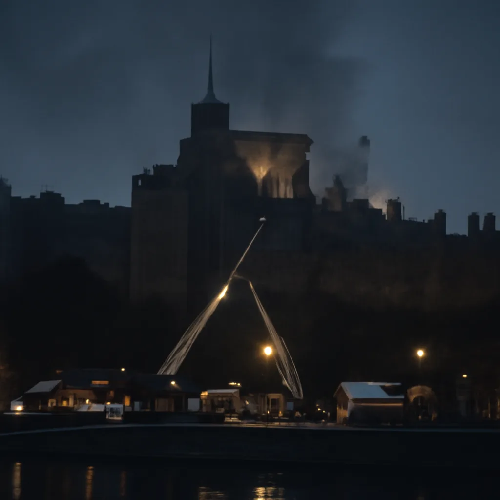 Windsor Castle exterior at night with smoke and emergency lighting; damaged roofline and temporary scaffolding being erected for repairs (historic scene, no identifiable faces).