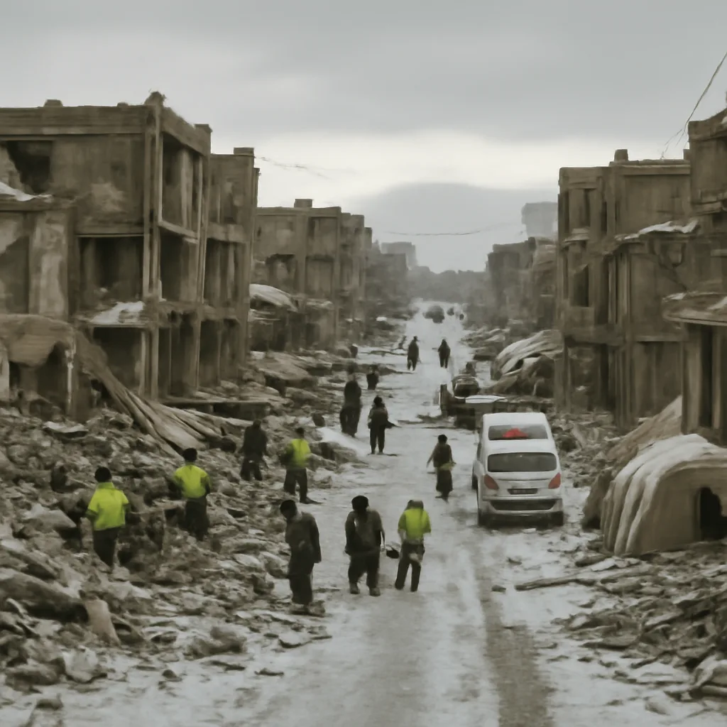 Collapsed buildings and rubble in a snow-dusted Iranian town street after a December earthquake, with emergency workers and residents clearing debris and temporary tents visible.