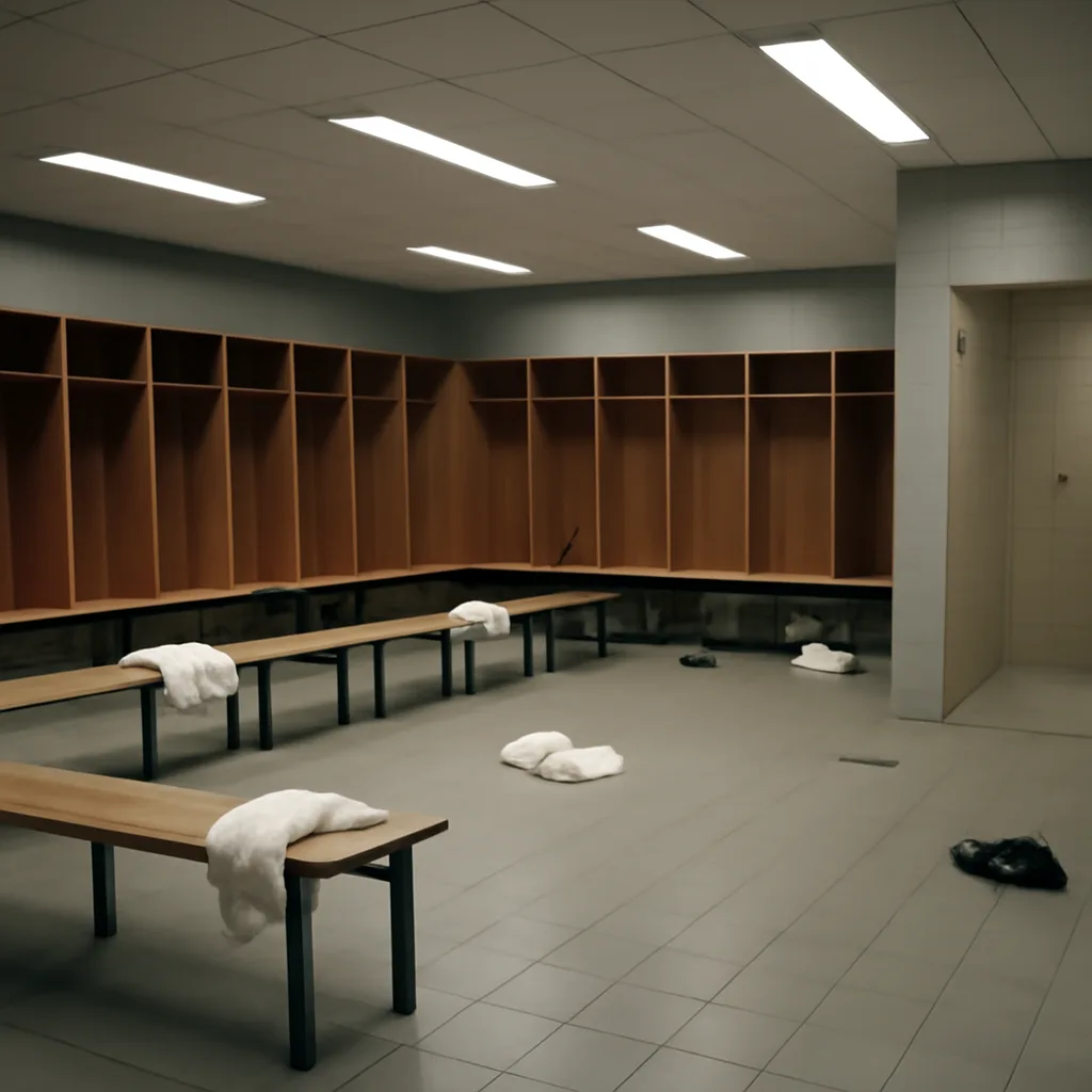 Interior of a football stadium dressing-room with lockers, benches and wet floor near shower area; no identifiable players visible.
