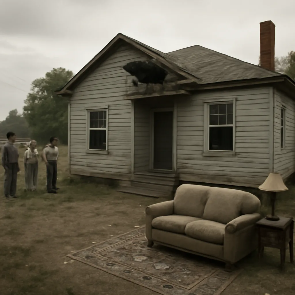 1950s-era modest house with a damaged roof and broken interior window glass, representing a meteorite fragment having penetrated the structure; period-appropriate furnishings nearby.