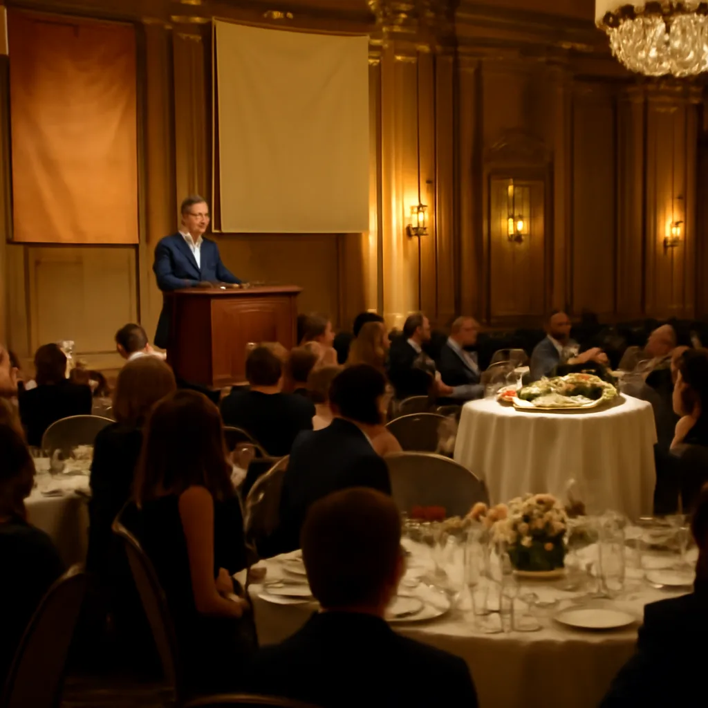 A charity auction scene in a New York ballroom with a plated gourmet pizza on a table, bidders seated at round tables and an auctioneer at a podium.