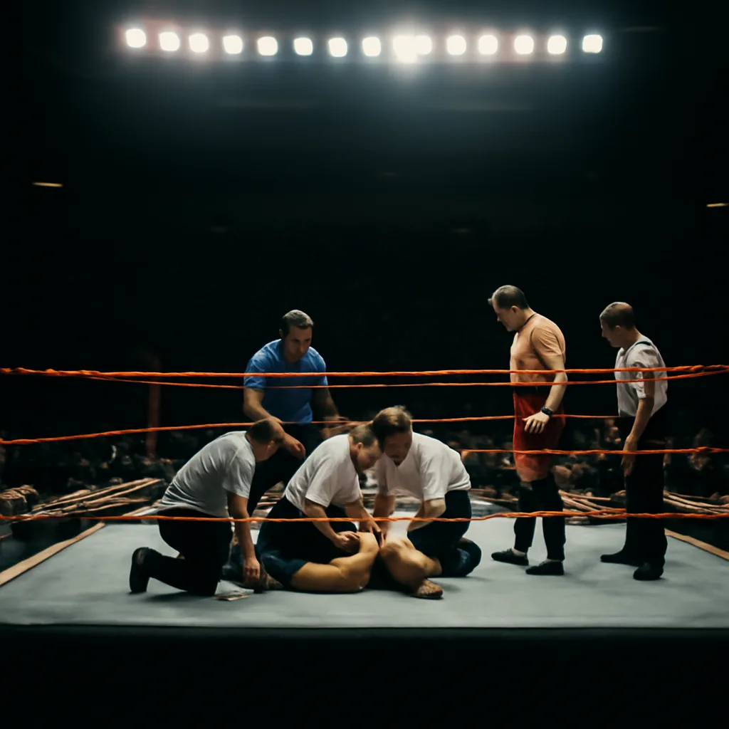 Indoor wrestling ring with medics and referees attending a collapsed performer on the canvas while audience members look on.