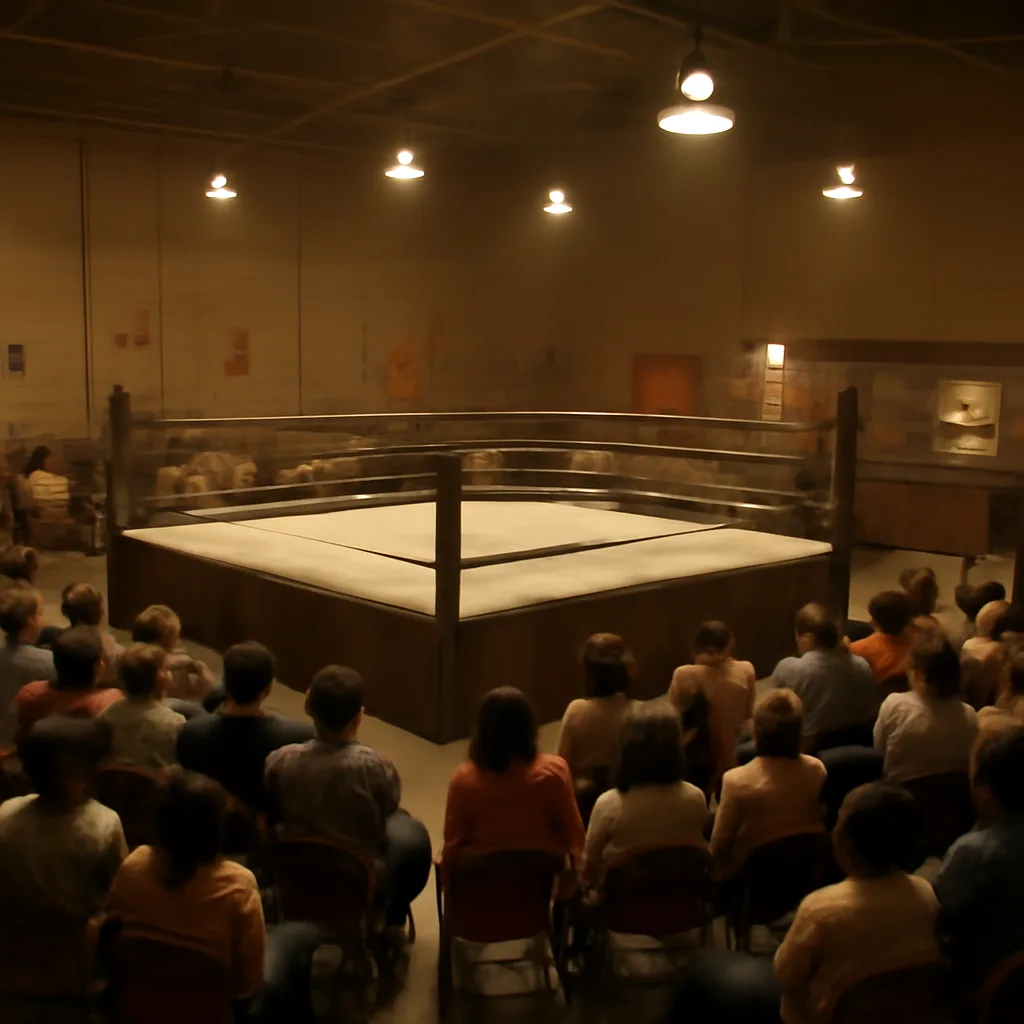 1970s wrestling arena with empty ring, ticketed crowd area, and vintage signage; atmosphere of a regional arena in the early 1970s.