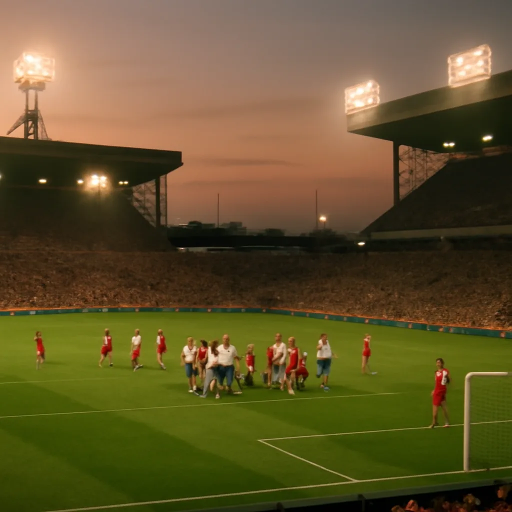 Wide view of Berlin's Olympiastadion during the 2006 World Cup Final, players on the pitch in a tense moment late in extra time, crowd in the stands.