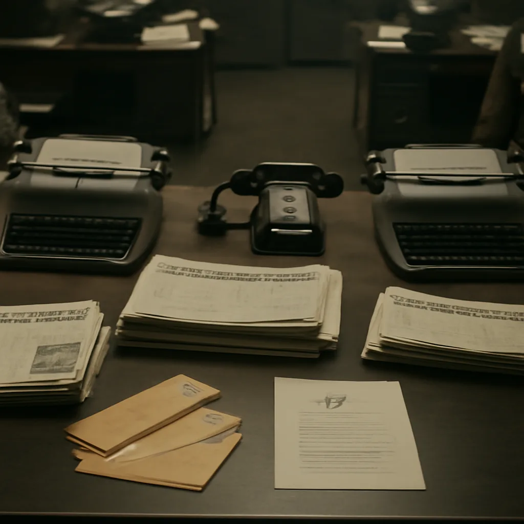A 1960s newsroom desk with typewriters, stacks of newspapers, envelopes and a printed page showing a cipher-like symbol; items arranged to suggest Bay Area newspapers in October 1969.