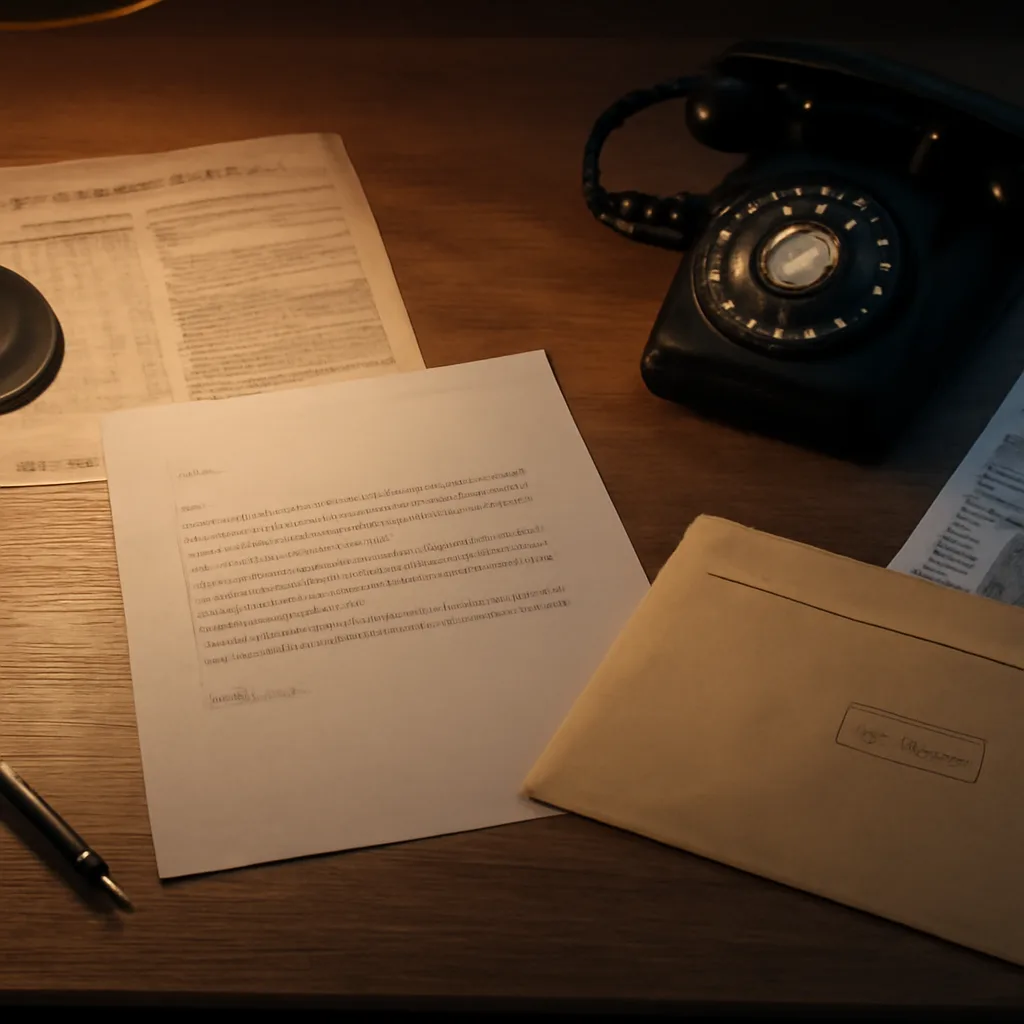 Envelope and typed letter from the 1970s laid on a desk with a stamped postal mark dated February 1974; nearby are archival police reports and a black-and-white newspaper clipping about the Zodiac killings.