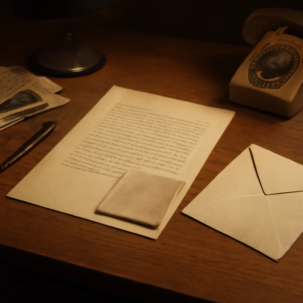 Envelope and typed letter from 1974 on a desk beside a small square of cloth, photographed in subdued light to suggest archival evidence from the 1970s.